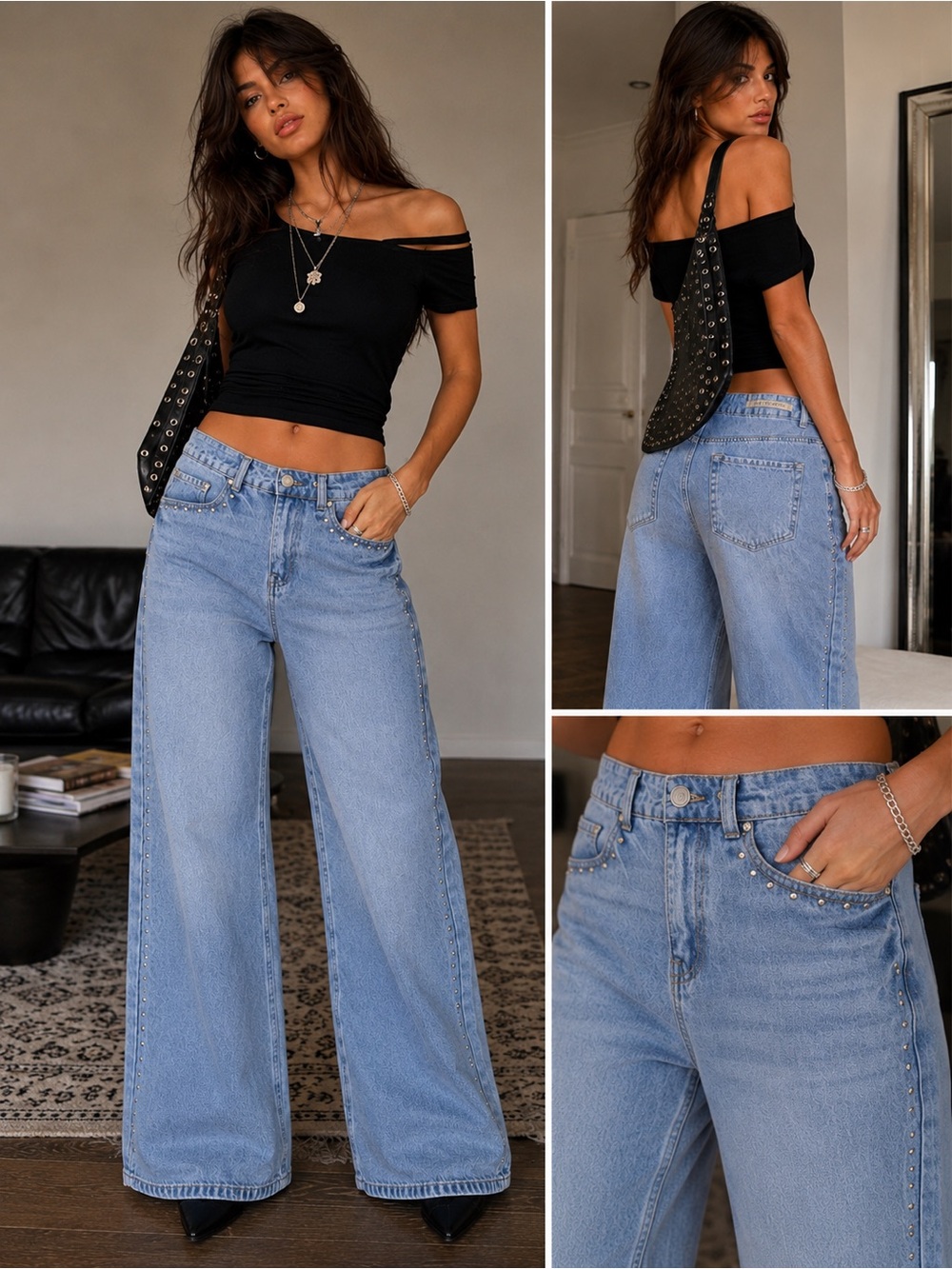 9th & Main Studded Wide Leg 12 Jeans Indie Sleaze High Rise Light Wash Denim NWT